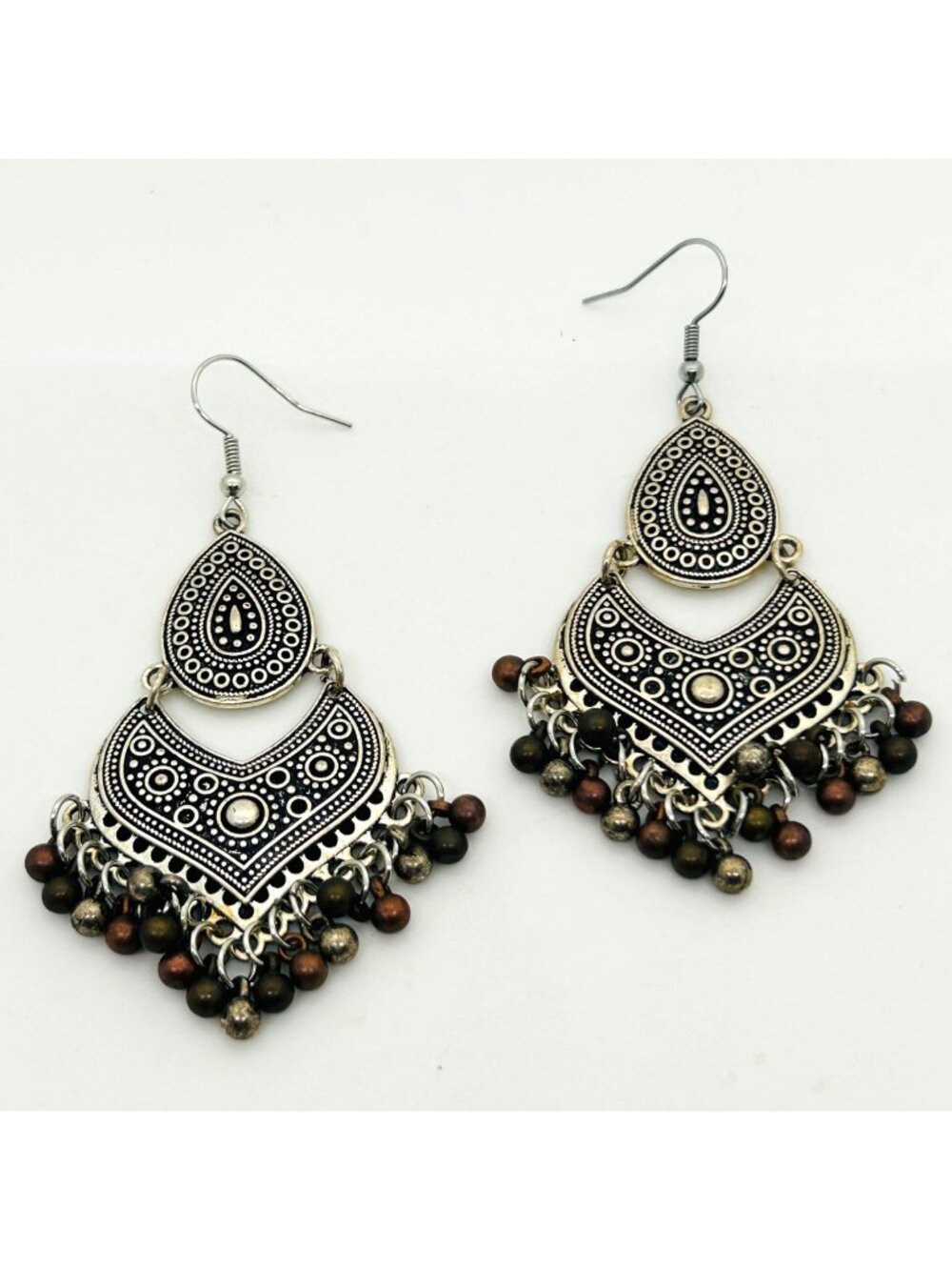 Boho Silver Chandelier Earrings Dangle Fringe Ethnic Beaded Statement Gypsy Drop